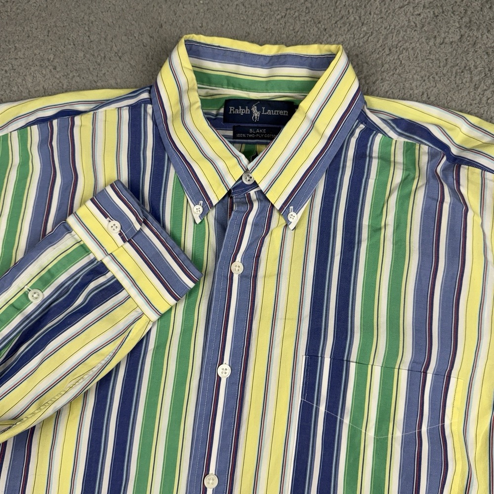 Ralph Lauren Blake Shirt Mens XL Green Yellow Blue Striped Button Down 2 Ply